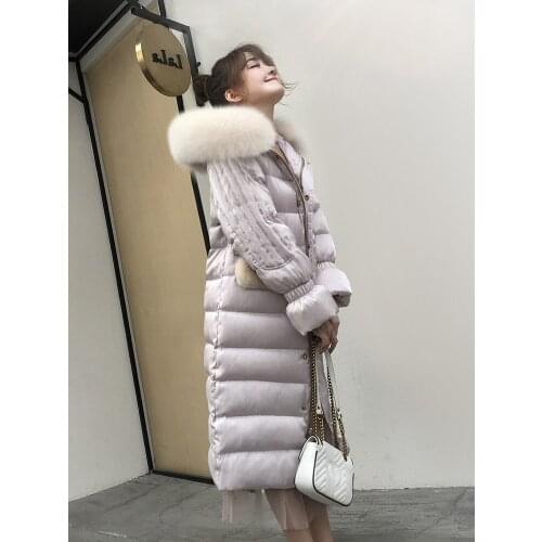 Women winter female, hooded, big fox fur, collar, long, white, duck down, coat, Korean, warm, down jacket