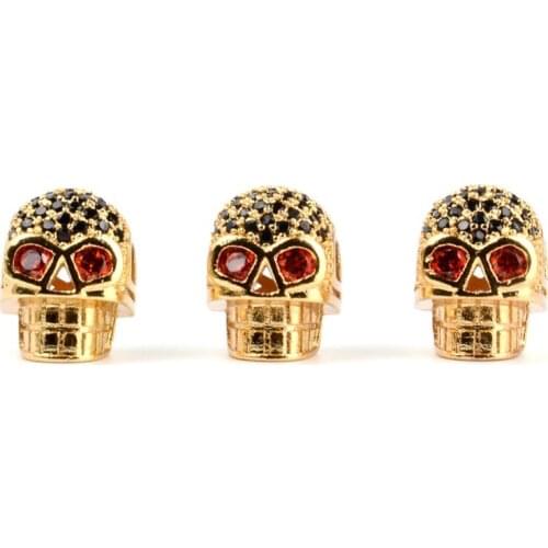 10*12mm Gold Micro Pave Cubic Zirconia Skull Beads For Men Bracelet Making Jewelry Black Rhinestone Beads Charm Wholesale