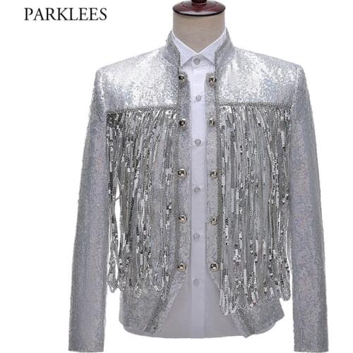 Tassel Sequins Glitter Blazer Men Luxury Brand Mens Suit Jacket Single Breasted Singer Party Stage Shiny Paillette Stage Clothes