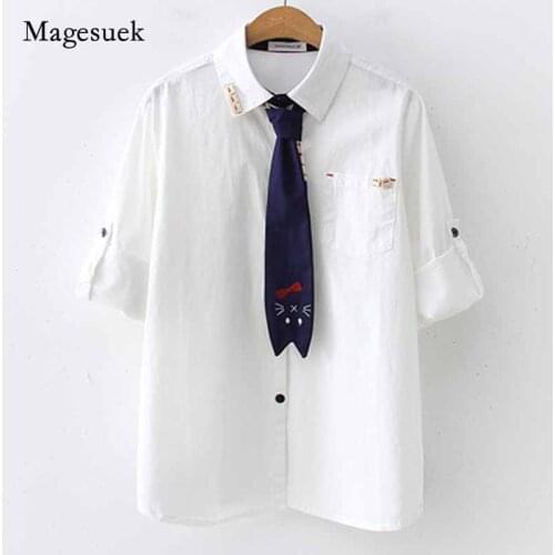 2020 New White Women Blouses Cotton Fashion Long Sleeve Shirts Spring Cartoon Tie Leisure Preppy Ladies Tops Plus Size 7439