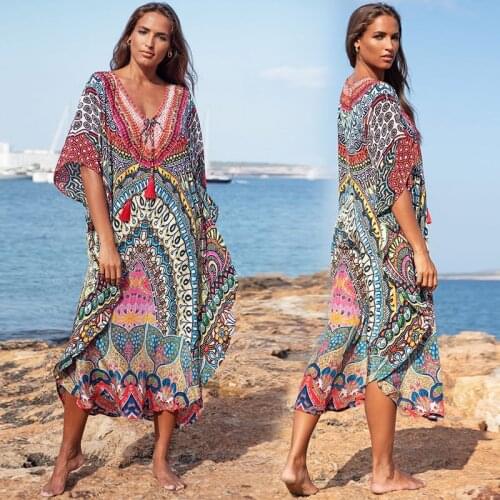 2021 Bohemian Printed Quick-drying Bikini Cover-ups Summer Dress Long Red Tunic Women Beach Wear Swim Suit Cover Up