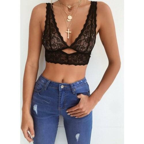 Sexy Women Deep V Floral Lace Bralette Bustier Crop Top Unpadded Triangle Bra Sheer Mesh Bra