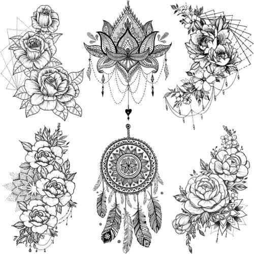 Black Henna Lace Temporary Tattoos For Women Chest Lotus Pendant Tattoos Sticker Sexy Adult Flower Arm Body Art Fake Tatoos Leg