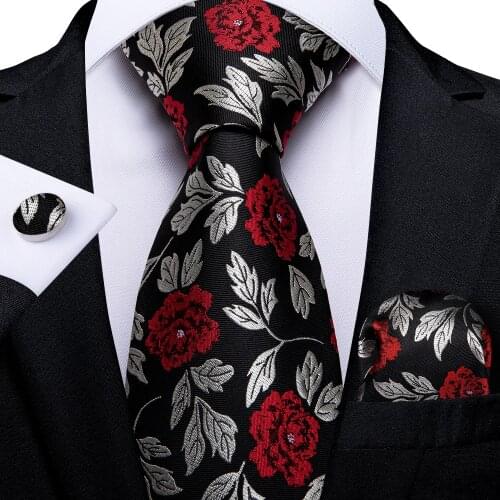 Black Red Reose Floral Ties For Men 8cm Mens Silk Neck Tie Handkerchief Cufflinks Set Business Wedding Tie Gift For Men DiBanGu