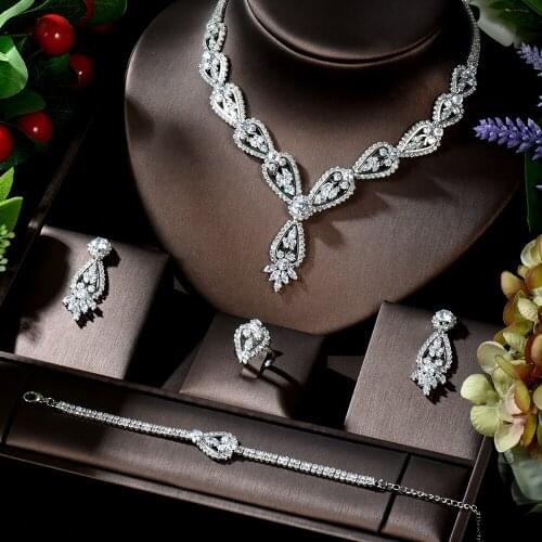 HIBRIDE Latest New Design Bridal Wedding 4 PCS Dubai Cubic Zirconia Jewelry Set Necklace Earring Set Women Gifts Bijoux N-760