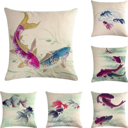 Oil Painting Pillowcase Cotton Linen Fish Cushion Cover Home Decorative Square Ink painting 45x45cm Throw Pillow Covers