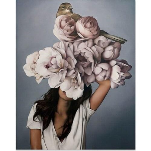 Flowers Feathers Woman Abstract DIY 11CT Embroidery Cross Stitch Kits Craft Needlework Set Printed Canvas Cotton Room