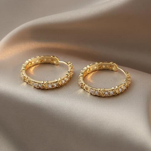 Korea New Design Fashion Jewelry 14K Real Gold Plating Round AAA Zircon Cross Earrings Elegant Womens Daily Earrings