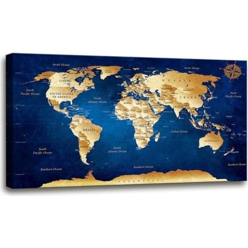 Blue Map of The World Posters Canvas Decorative Printed Wall Art Decor Oil Painting Home Decor Living Room Picture Decoration