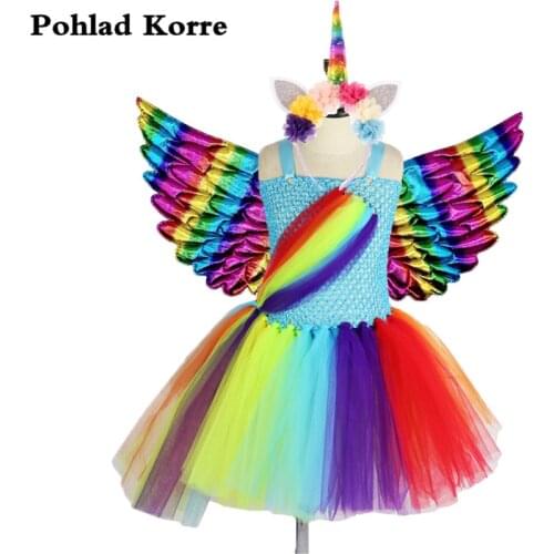 Rainbow Unicorn Girls Tutu Dress With Wings Horns Vestidos Fancy Unicorn Girls Birthday Party Dresses Cosplay Halloween Costume