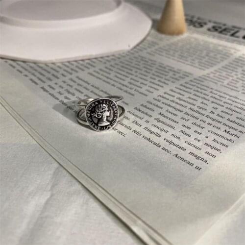 Season Gate 925 Sterling Silver Personality Trendy Retro Empress Figure Statue English Letter Adjustable Size Open Ring SR128