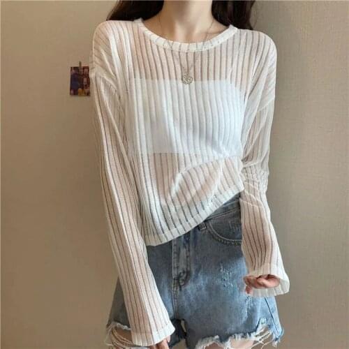 Sun Protection Clothing T-shirt Womens Long-sleeved New Summer Loose and Thin Korean Thin Knit Short Sexy Top