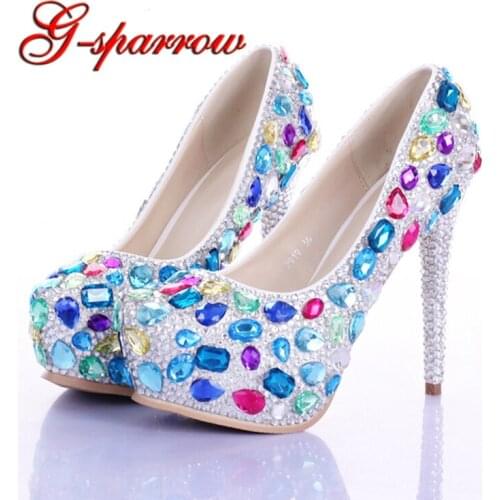 Multi Crystal Bridal Shoes Luxury Rhinestone Wedding Bride Shoes Evening Party Prom Shoes Custom Made Valentine High Heels