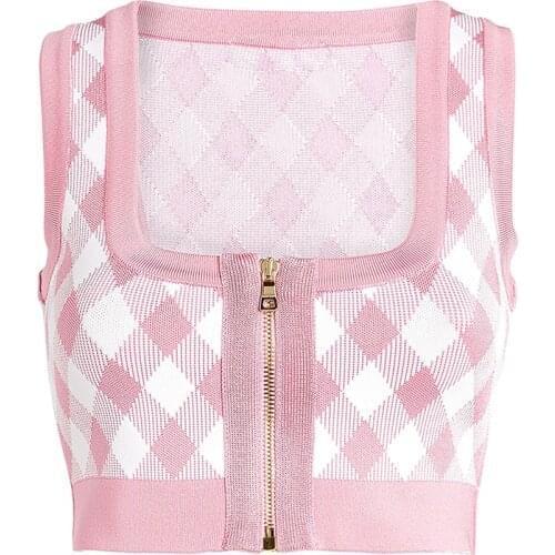 HIGH STREET Newest Fashion 2021 S/S Designer Tops Womens Zip Plaid Knitted Crop Tank Tops