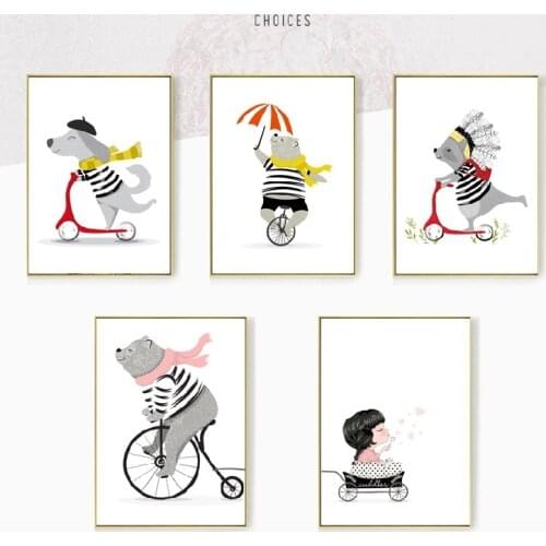 Bicycle Bear Cartoon Animal Scandinavian Living Room Decorative Painting Childrens Room Canvas Painting Wall Art Oil Poster