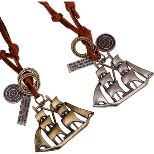 Vintage Retro Sailboat Pendant Necklace Alloy Boat Ship Charms Plain Sailing Wish Statement Leather Chain Fashion Jewelry Gift