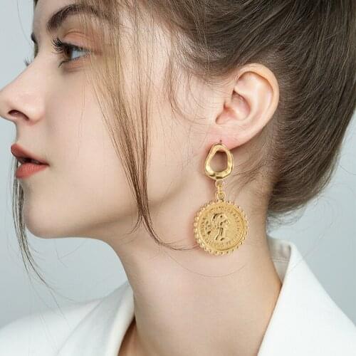 Vintage Statement Portrait Coin Gold Drop Earrings For Women Fashion Geometric Round Dangele Hanging Earring Jewelry Accessories