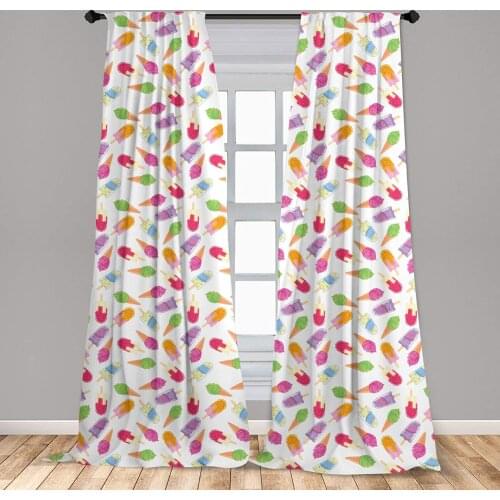 Ice Cream Curtain for Kids Room Cartoon Style Cones with Vibrant Colored Creamy Scoops and Popsicles Tooth Window Drapes