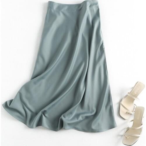 Women solid high quality satin midi skirt vintage side zipper office ladies elegant chic A-line skirts