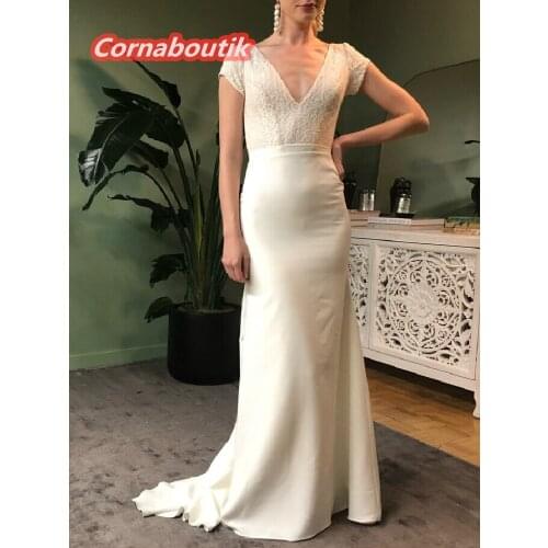 Trumpet Wedding Dress COR-001 Backless Short Sleeves Lace Plunging V Neckline Bridal Gowns Vestidos Crepe Custom Size