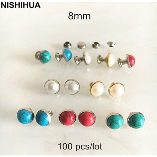 100 sets - Pearl Rivet Rapid Studs,8mm Domed Acrylic Pearl Cap Rivet Studs Spike,Red,Green,Blue,White,Silver Metal Prong Stud