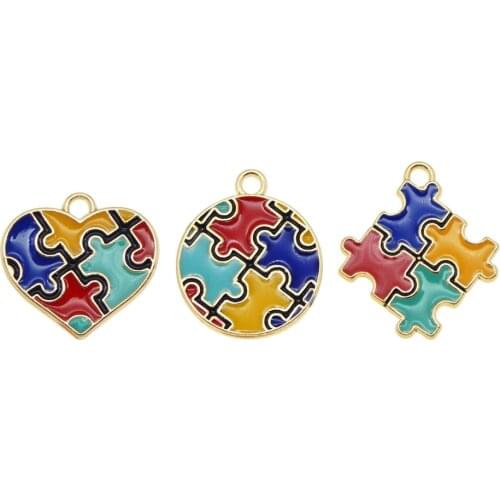 3pcs Alloy Enamel Puzzle Piece Jigsaw Charms Pendant Colorful Round Heart Shape Friends Unisex Autism Awareness Necklace DIY