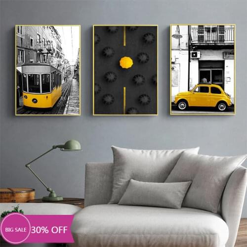 European City Scenery Picture Nordic Canvas Painting Wall Art Yellow style Car Umbrella Landscape Posters Prints for Home Decor