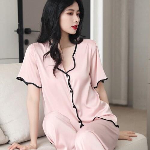 Fdfklak Summer Thin Ice Silk Suit Short Sleeve Pajamas For Women Sexy Sleepwear Lingerie Pink/White Sleeping Home clothes
