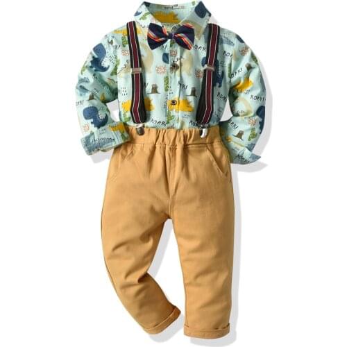 FOCUSNORM 0-6Y Kids Boys Clothes Sets 2pcs Gentleman Cartoon Print Long Sleeve Single Breasted Shirts Tops Bow Tie Overalls Pant