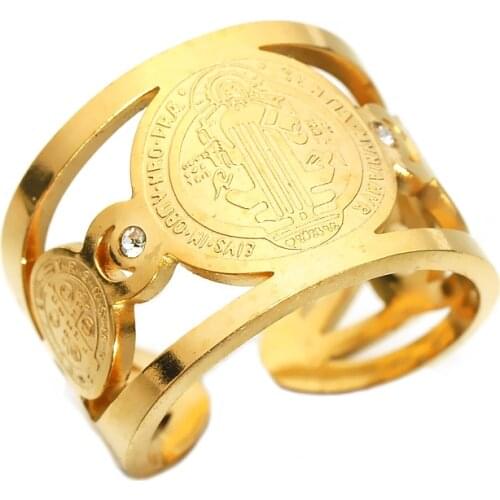 Gold Silver Color 316L Stainless Steel Rings for Women Religious Benedict Of Nursia Mens Open Rings Jewelry Catholicism Gift