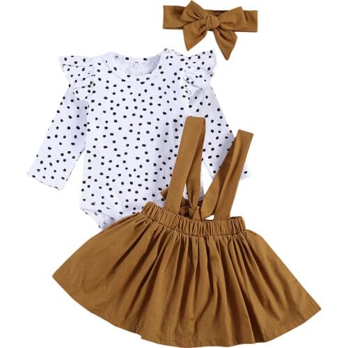 0-24M Princess Baby Girls Clothes Set Polka Dot Ruffles Long Sleeve Romper + Solid Bow Bib Skirt