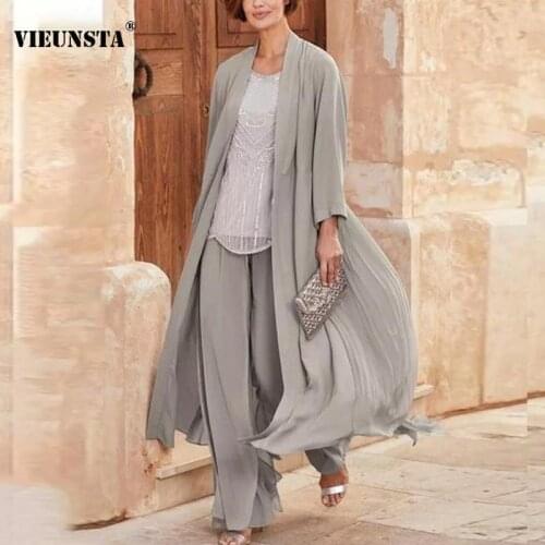 Spring Autumn Chiffon Two Piece Set Women Loose Long Tops Cardigan and Wide Leg Pants Suit 2021 Casual Solid Office Lady Outfits