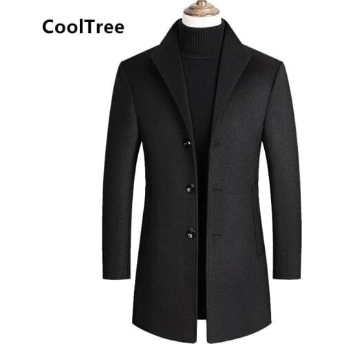CoolTree Men Business Jackets Autumn Winter High Quality Windproof Wool Blends Coat Male Solid Color Long Windbreaker Outerwear