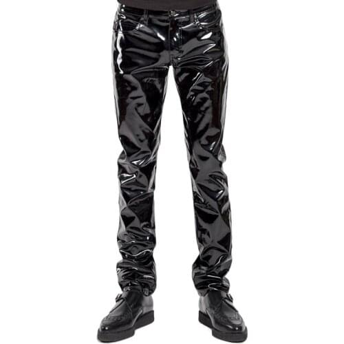 Plus Size Men Sexy Black Wetlook Faux Leather Lingerie Exotic Pants PU Latex Catsuit Zipper PVC Stage Clubwear gay fetish Pants