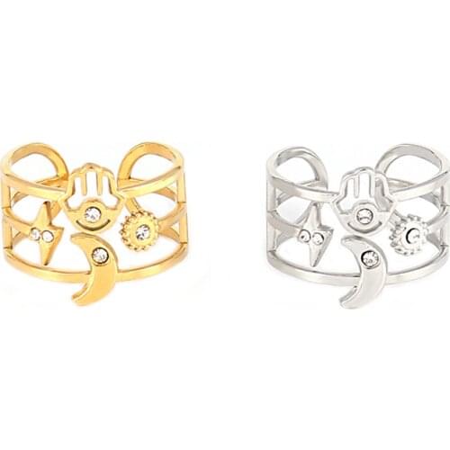 Stainless Steel Rings For Women Gold Color Chain Ring Punk Star Moon Open Finger Rings Geometric Charm Ring Rings Jewelry