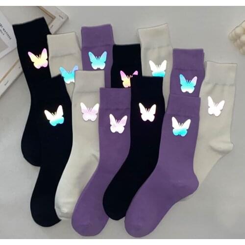 Newest Reflective Butterfly Woman Socks Soft Cotton Autumn Winter Socks Women Elastic Breathable Middle Tube Socks Sokken