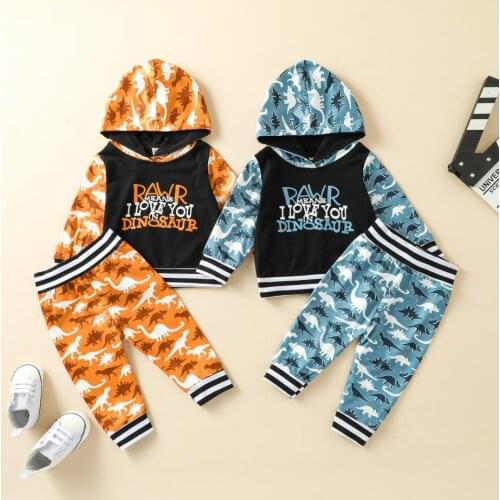 Autumn Spring Baby Newborn Color Block Outfits Dinosaur & Letter Print Long Sleeve Hooded Pullover Sweatshirt Trousers Set