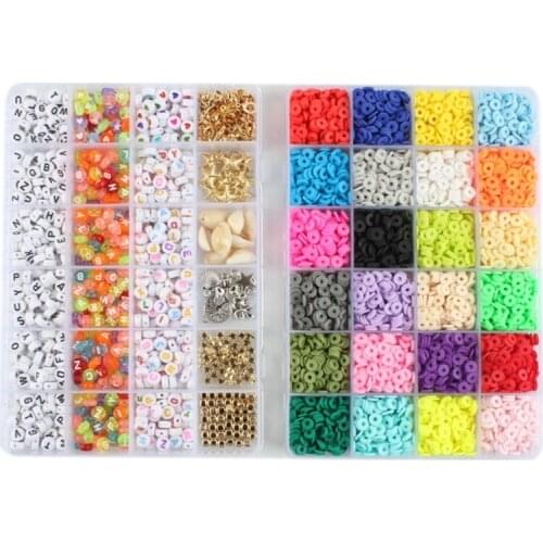 F42F Flat Round Polymer Clay Spacer Beads Set for Jewelry Making Bracelets Necklace Earring DIY Craft Kit with Pendant