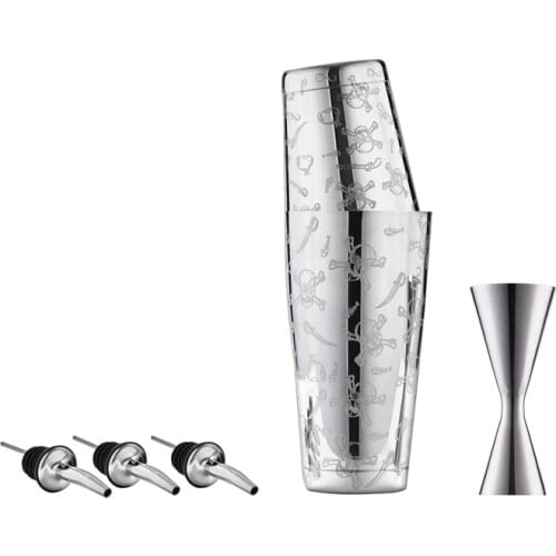 Premium 5 Pieces Boston Shaker Set: 18/8 stainless steel Boston Shaker, 25/50ML Double End Jigger, 2 Pourers, High grade barware