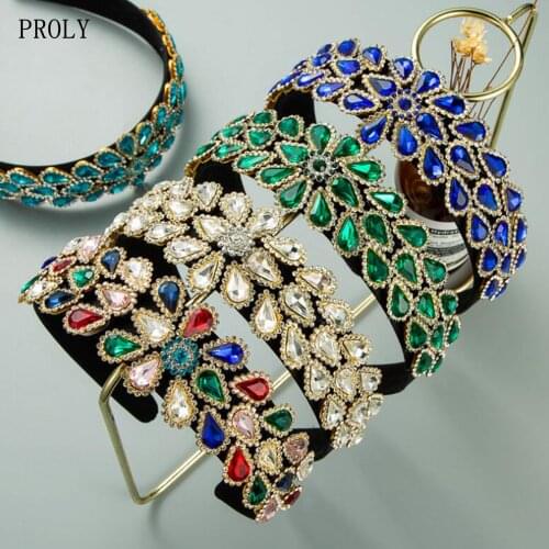 PROLY New Fashion Women Hairband Shining Diamond Rhinestone Headwear Flower Hair Band Wide Side Hair Accessories Adult