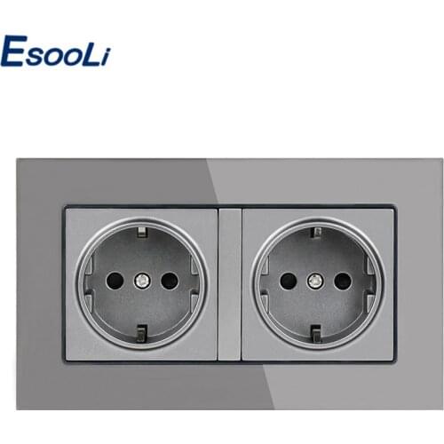 Esooli 16A Double EU Standard Wall Socket Crystal Glass Panel Power Outlet Grounded With Child Protective Door Grey Black