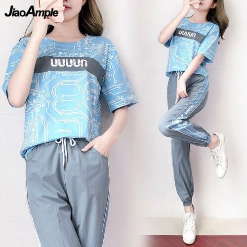 Sports Suit Womens Summer Fashion Casual Plus Size Sportswear Tracksuit 2021 New O-Neck Short-sleeved Trousers Two-piece Set