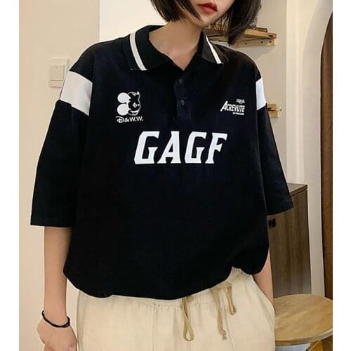 Super Chic Black White Cartoon POLO T Short Sleeve Summer Shirts for Women Overszied 2021 New Preppy Style Students Girls Tops