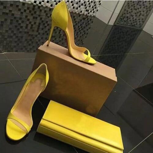 2021 Women Summer Elegant Sandals Pointed Toe Wedding Shoes Sexy Peep Toe Patent Leather Woman Sandal Pumps Black Yellow