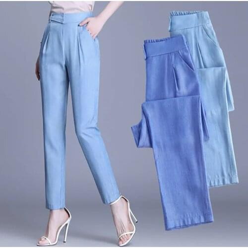 Women Ice Silk Spring Summer Jeans New Elastic High Waist Work Suit Pants Oversize Casual Stretch Ankle-Length Harem Pants 3XL