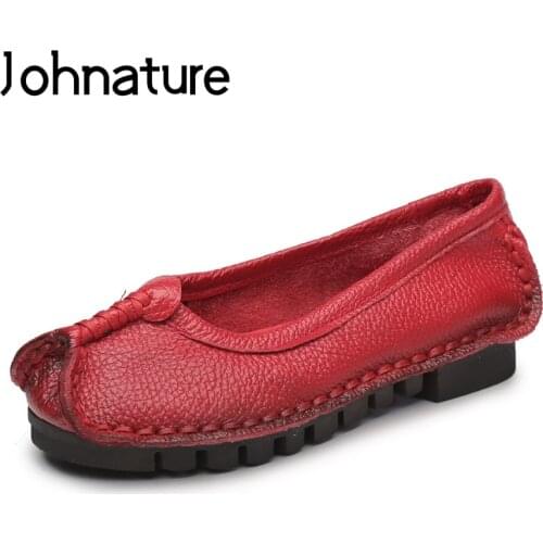Johnature Genuine Leather Ladies Shoes Slip-on Round Toe Casual 2020 New Autumn Retro Shallow Sewing Handmade Women Shoes Pumps