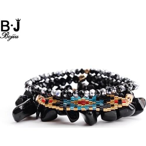 BOJIU3 Pcs/Set Natural Black Onyx Stretch Chips Crystal Beads Bracelet Women Femme Boho Charm Bracelet Evil Eye Jewelry BCSET138