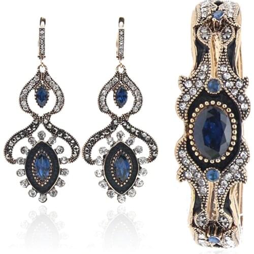 Vintage Turkish Women Earrings Bangle Jewelry Sets Antique Gold Color Resin Flower Earring Bracelet Set India Bridal Jewelry