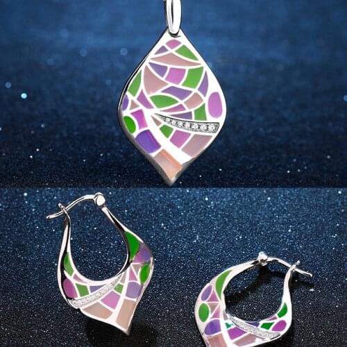 Multi-color Grid Leaf shape 925 Sterling Silver Pendant Necklace Earrings Handmade Enamel Luxury Jewelry Sets for Women Gift