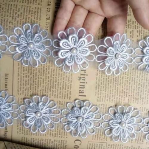 1 yard Light Blue Soluble 3D Pearl Flower Floral Embroidered Lace Trim Applique Fabric Lace Ribbon Sewing Craft Hat Decoration
